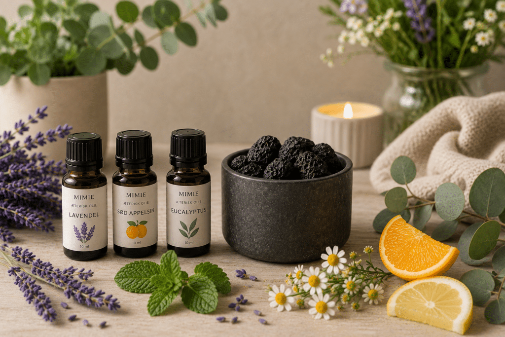 Aromaterapi med æteriske olier, diffuser, blomster og urter