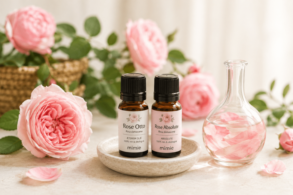 Rose Otto og Rose Absolute æteriske olier omgivet af lyserøde roser