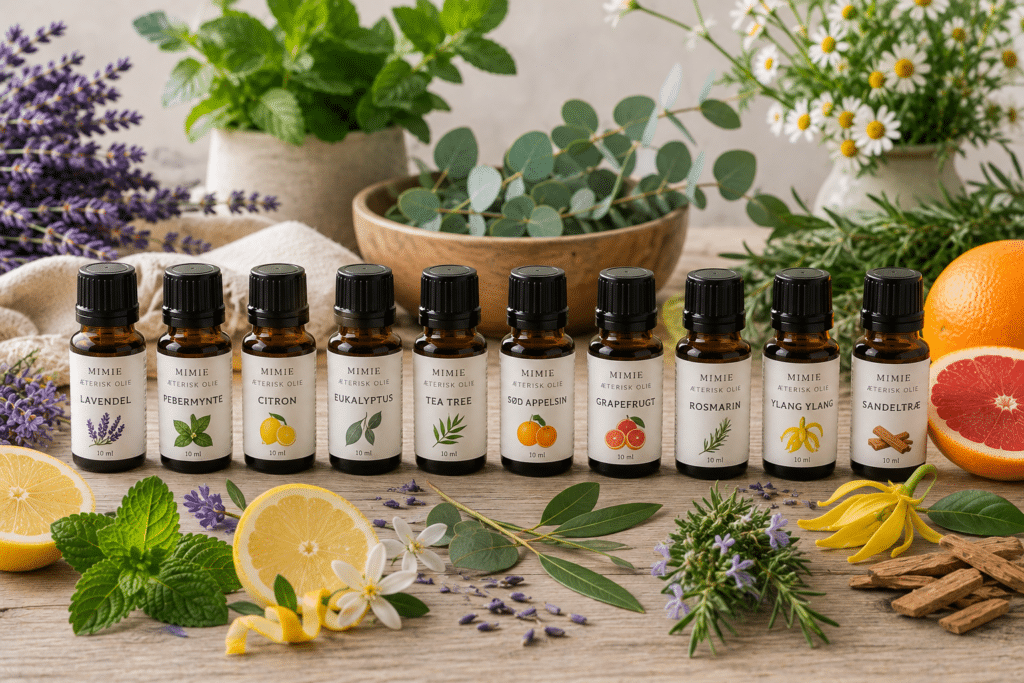 10 populære æteriske olier med urter, blomster og citrusfrugter