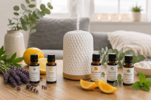 Æteriske olier til diffuser med lavendel, citron, appelsin, eucalyptus og pebermynte